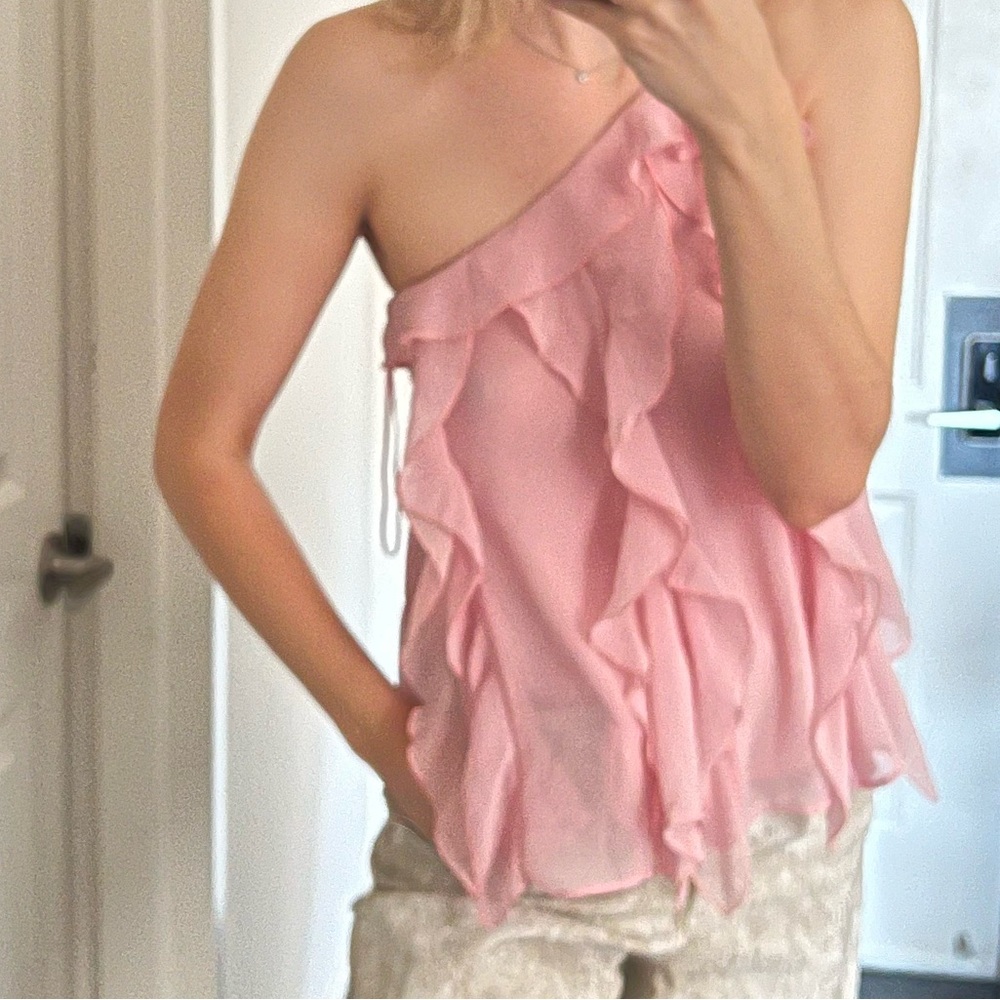 Zara One-Shoulder Ruffle Tank Top in Light Pink - Picture 3 of 4